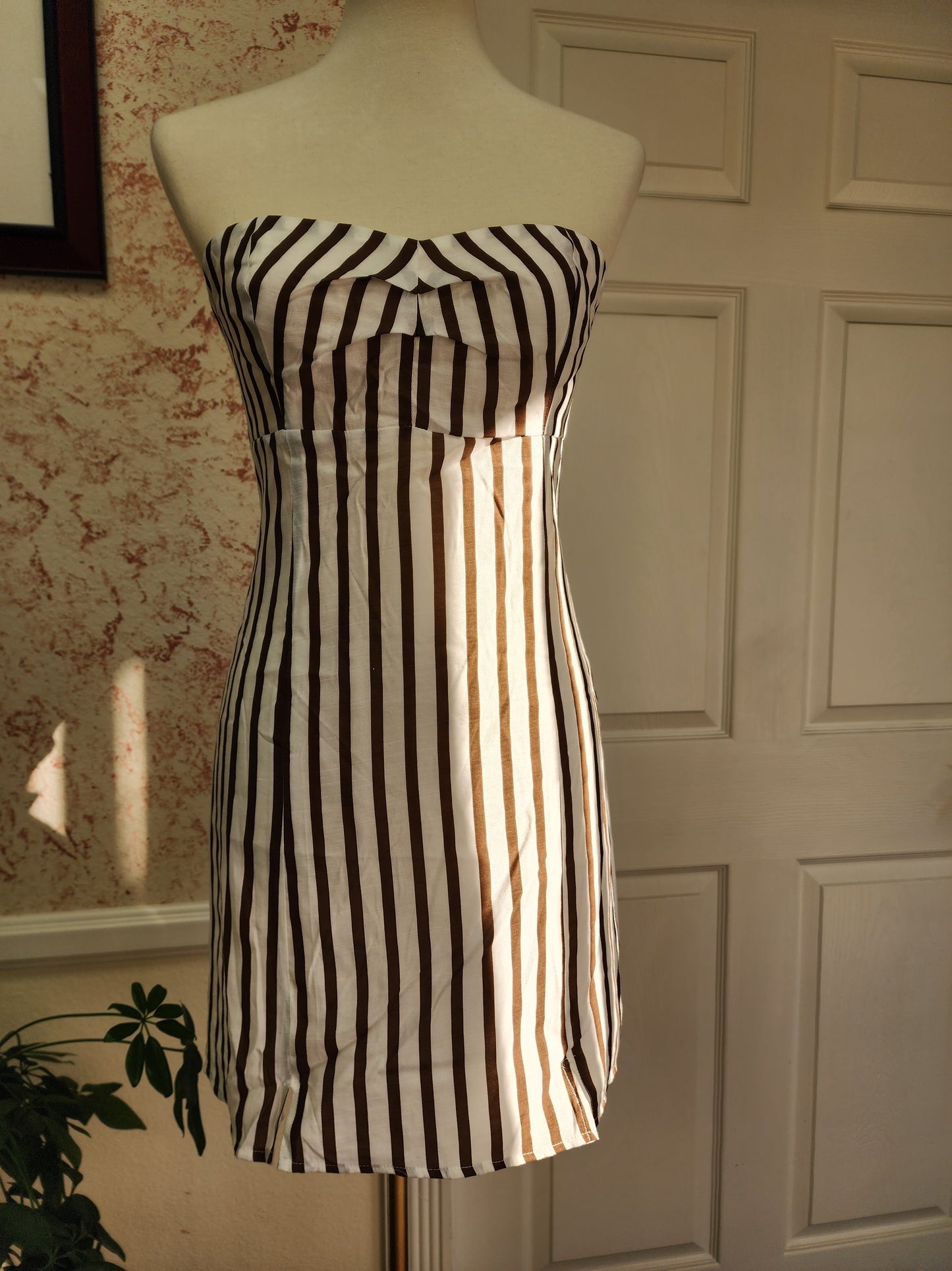 White-Brown Striped Mini Dress