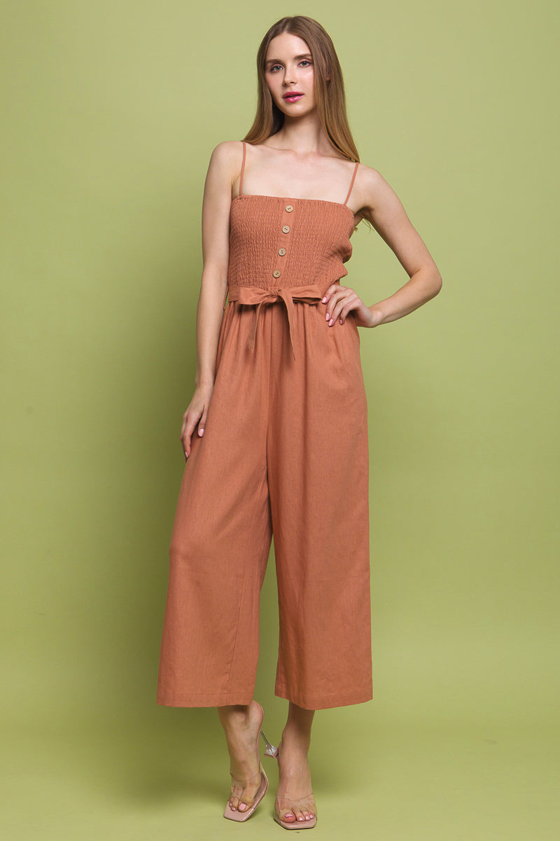 Linen Wide Crop Leg Smocked Top Jumpsuit