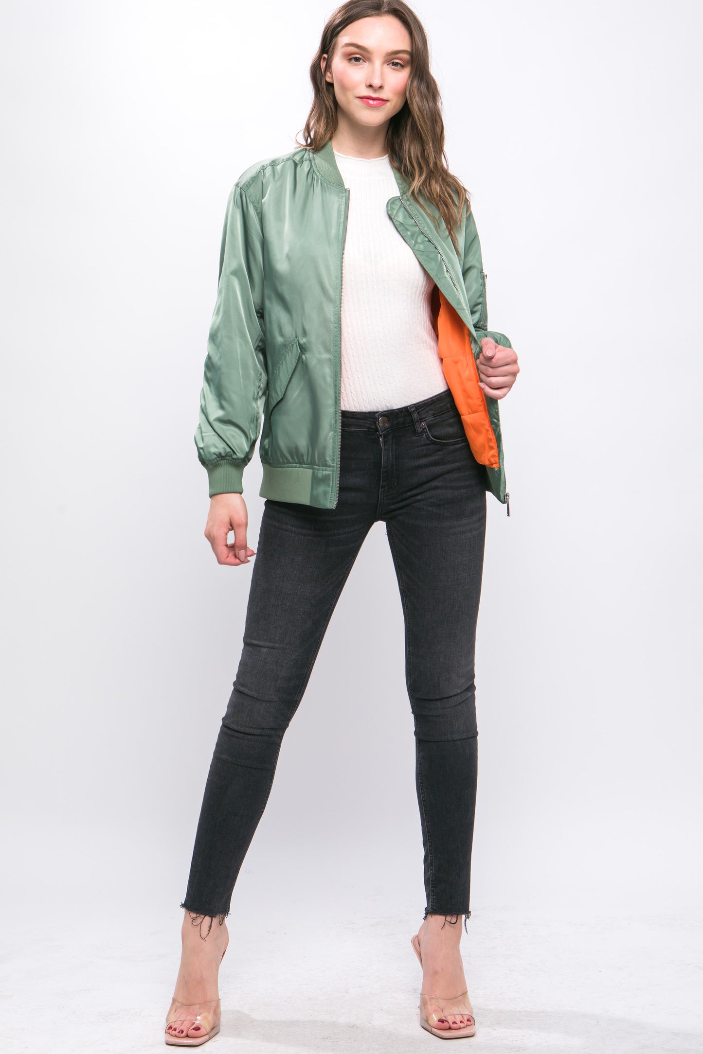 Grass Bomber Jacket With Color Contrast Lining