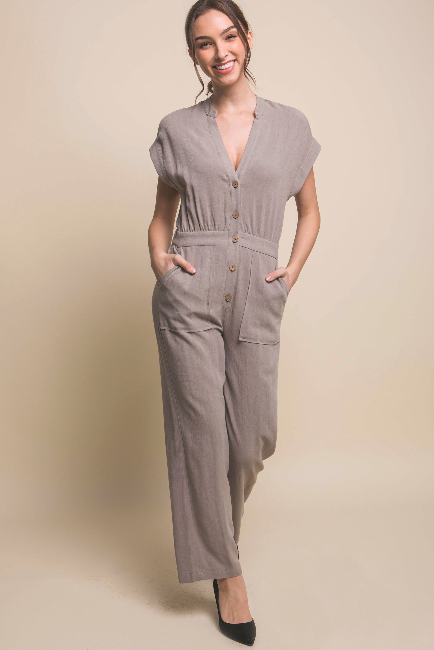 V-Neck Pocketed Jumpsuit