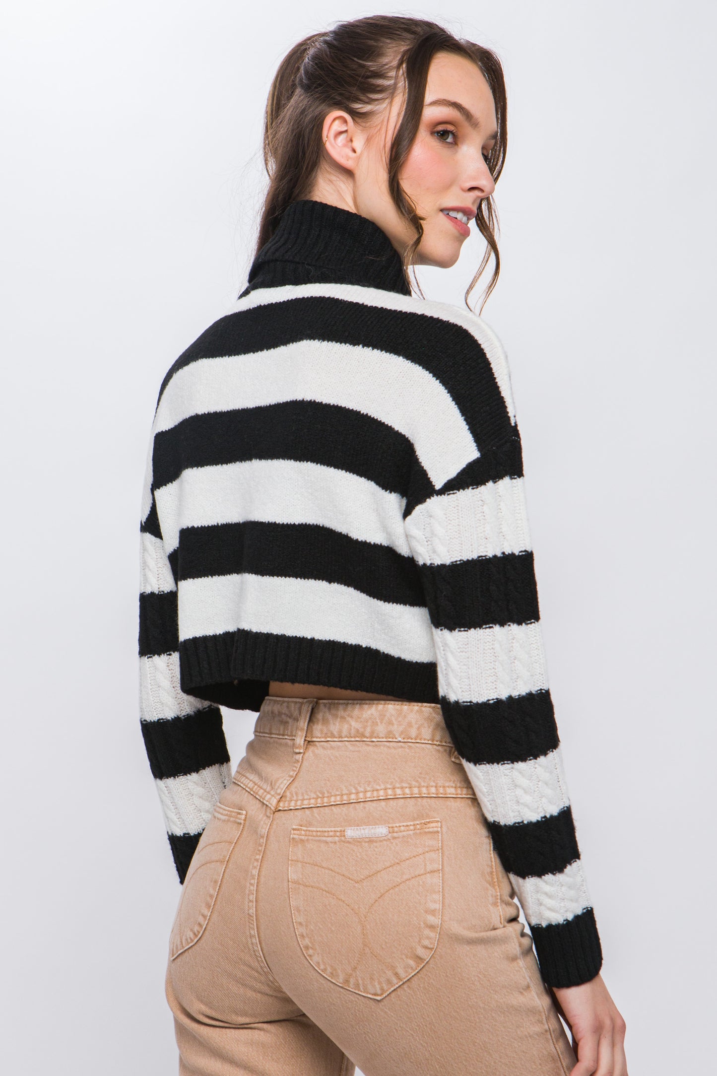 Turtleneck Striped Knit Cropped Sweater