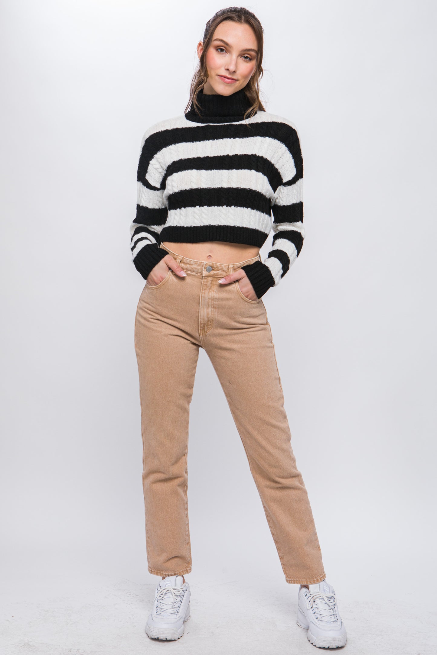 Turtleneck Striped Knit Cropped Sweater