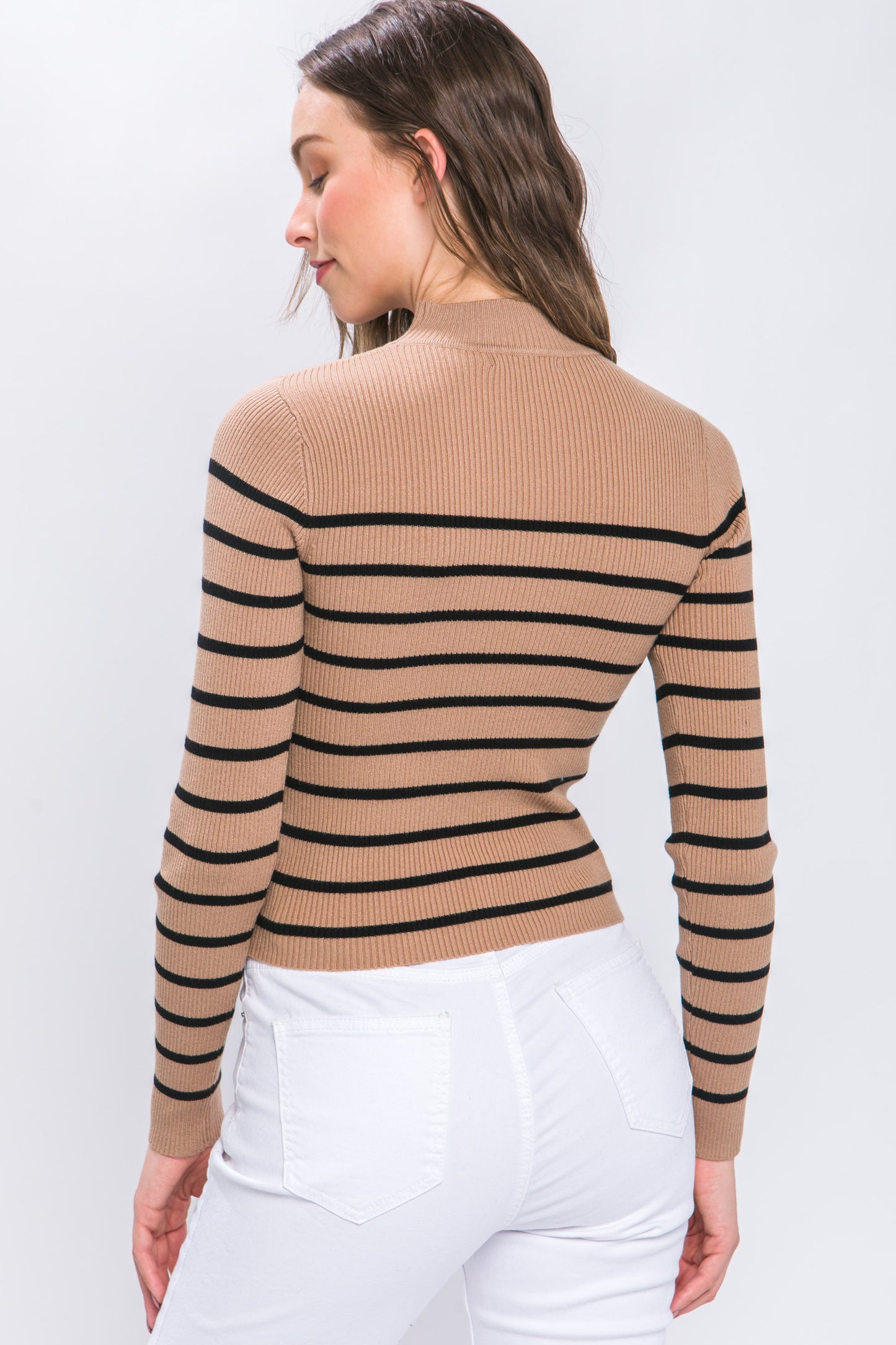 Mock Neck Ribbed Striped Sweater