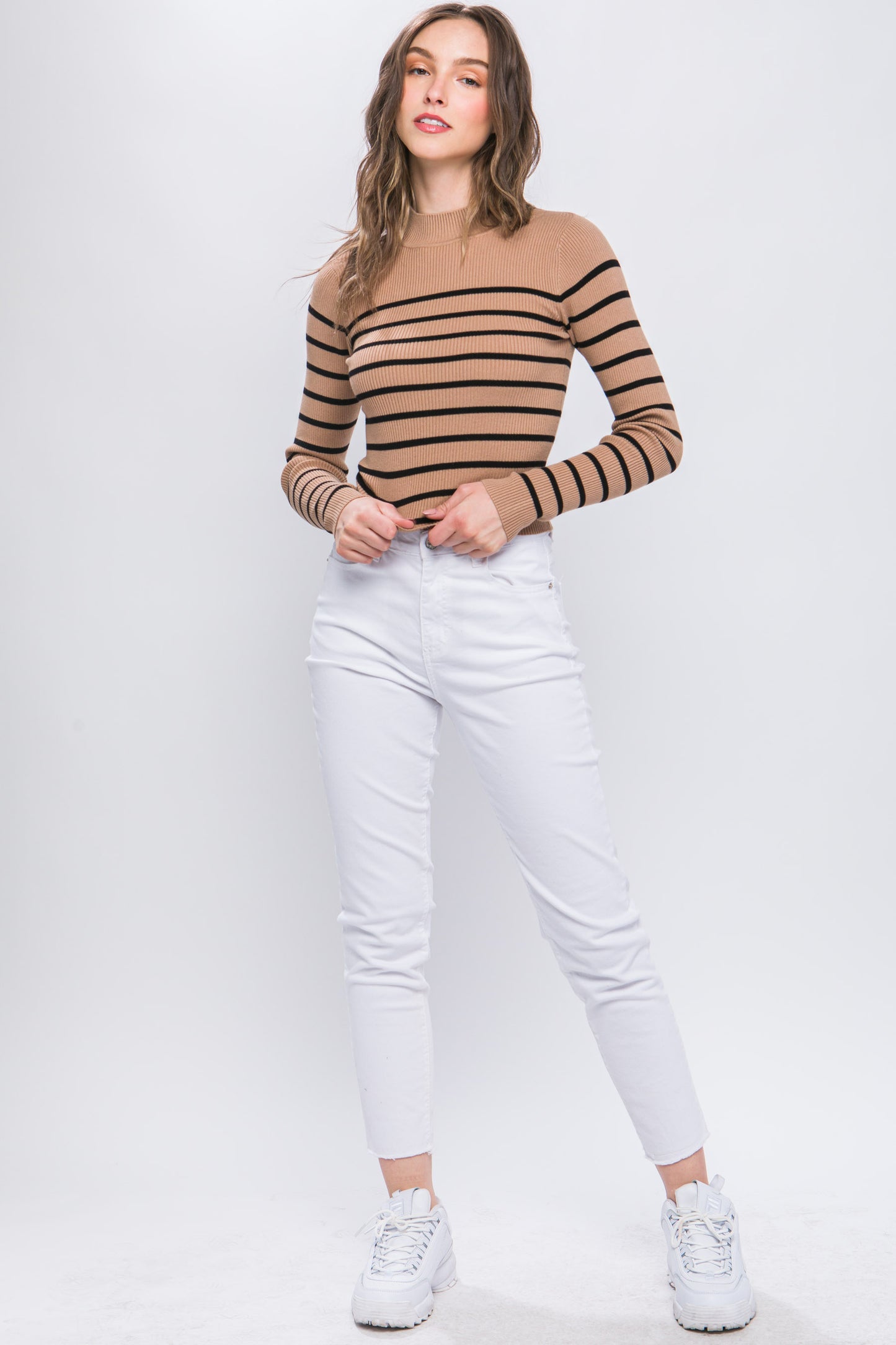 Mock Neck Ribbed Striped Sweater