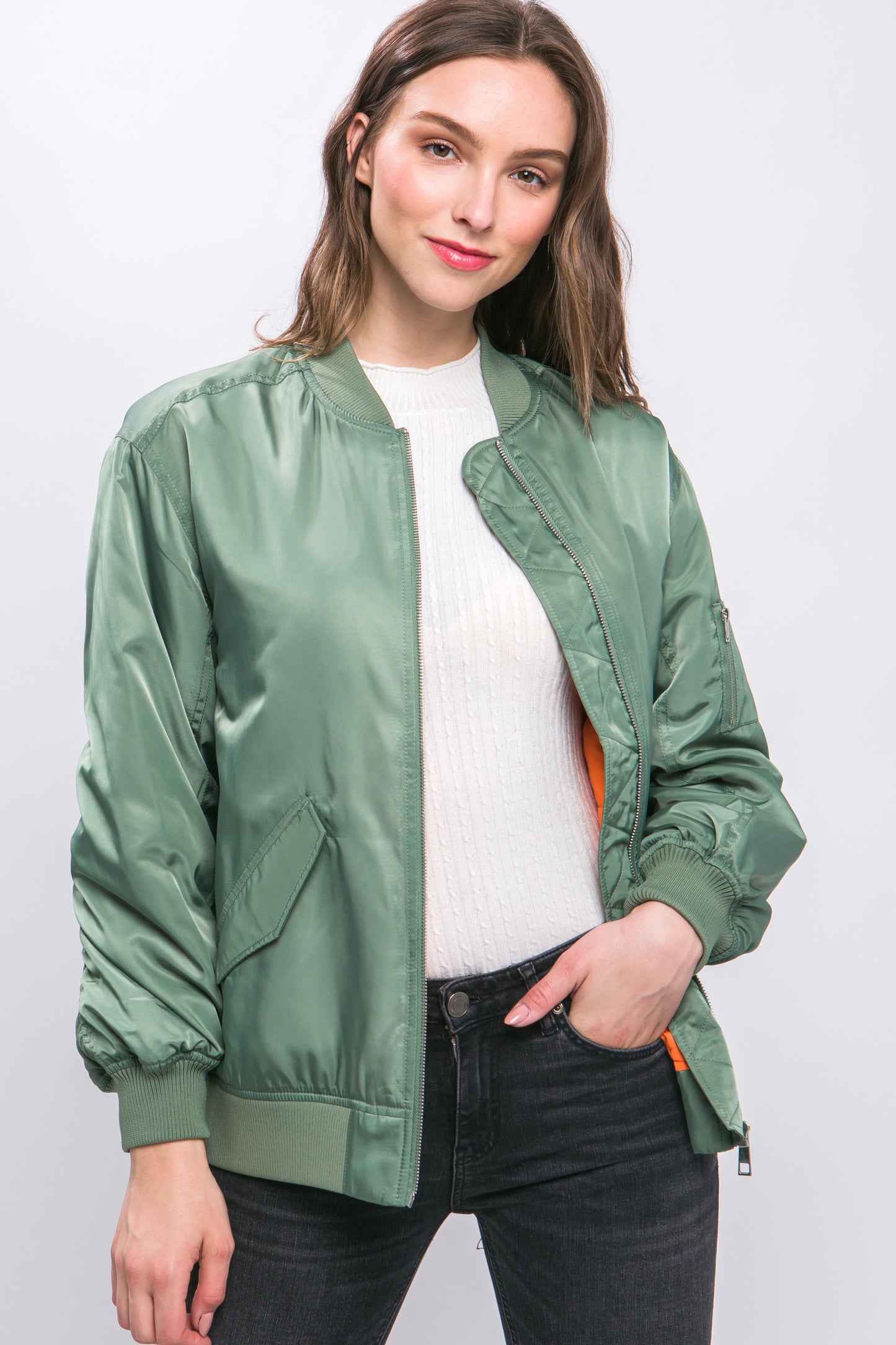 Grass Bomber Jacket With Color Contrast Lining