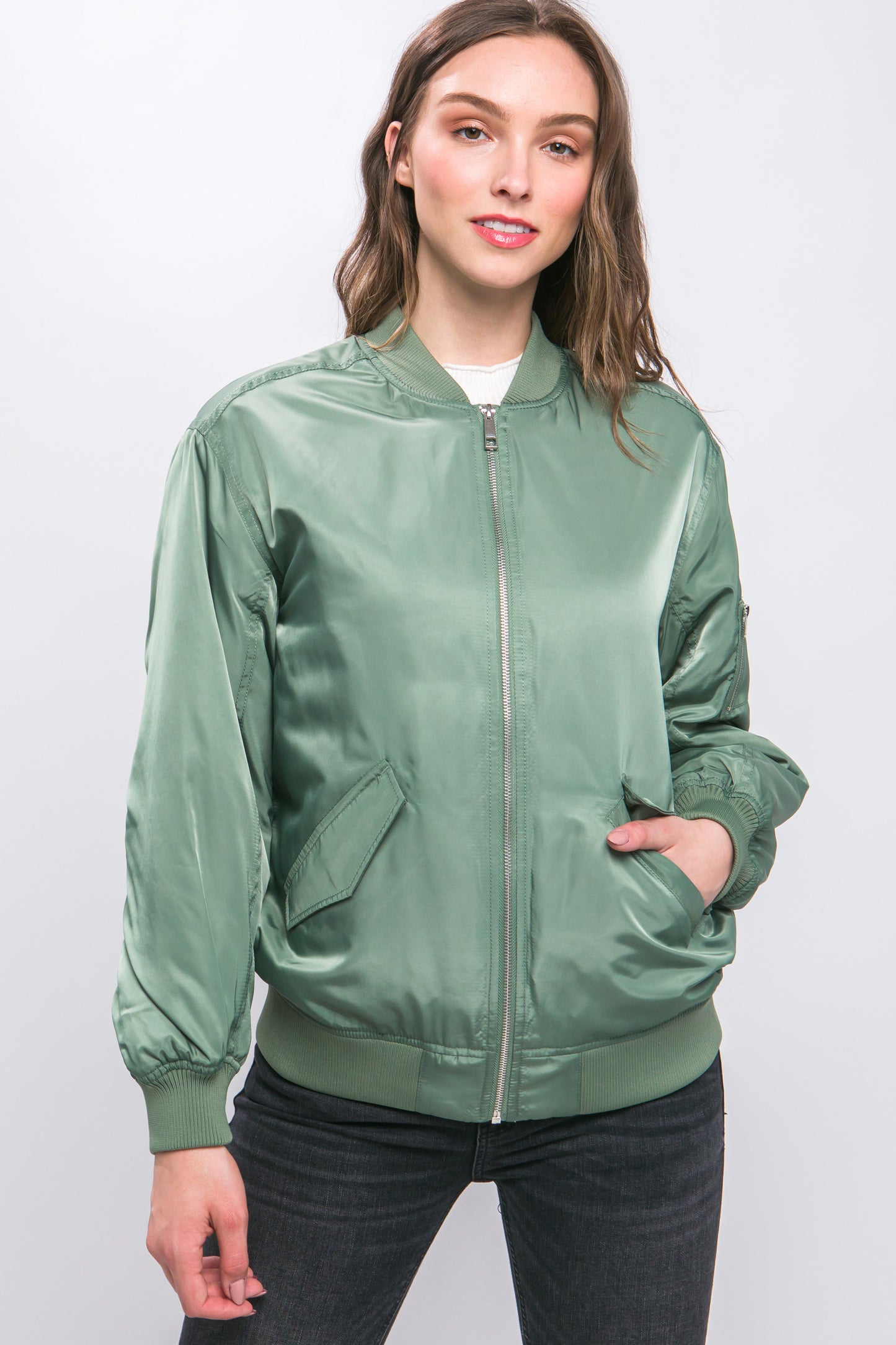 Grass Bomber Jacket With Color Contrast Lining