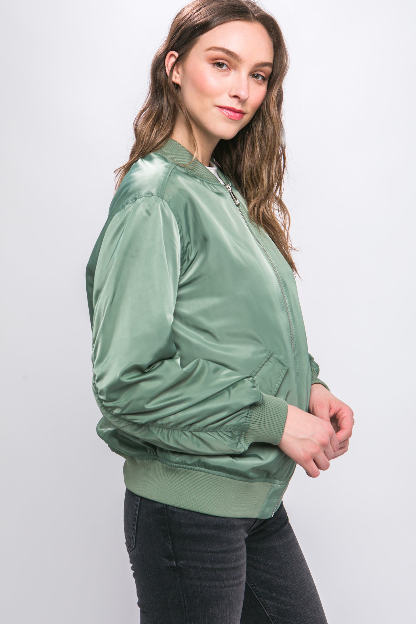 Grass Bomber Jacket With Color Contrast Lining