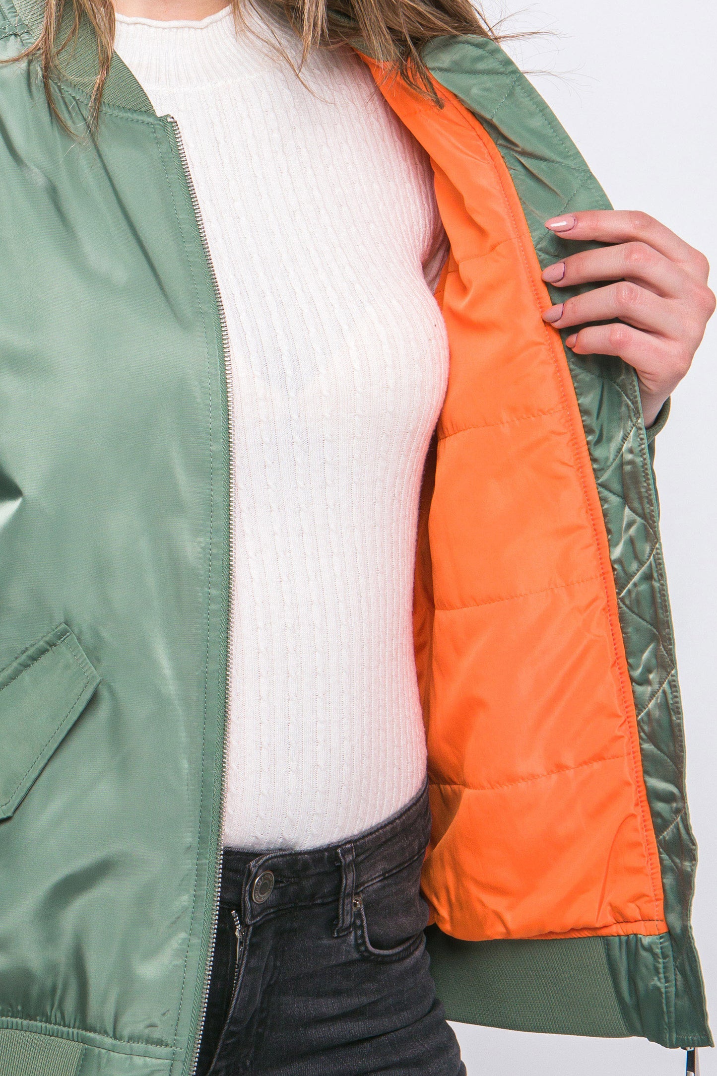 Grass Bomber Jacket With Color Contrast Lining