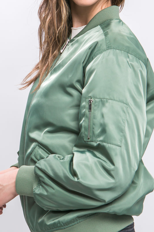 Grass Bomber Jacket With Color Contrast Lining