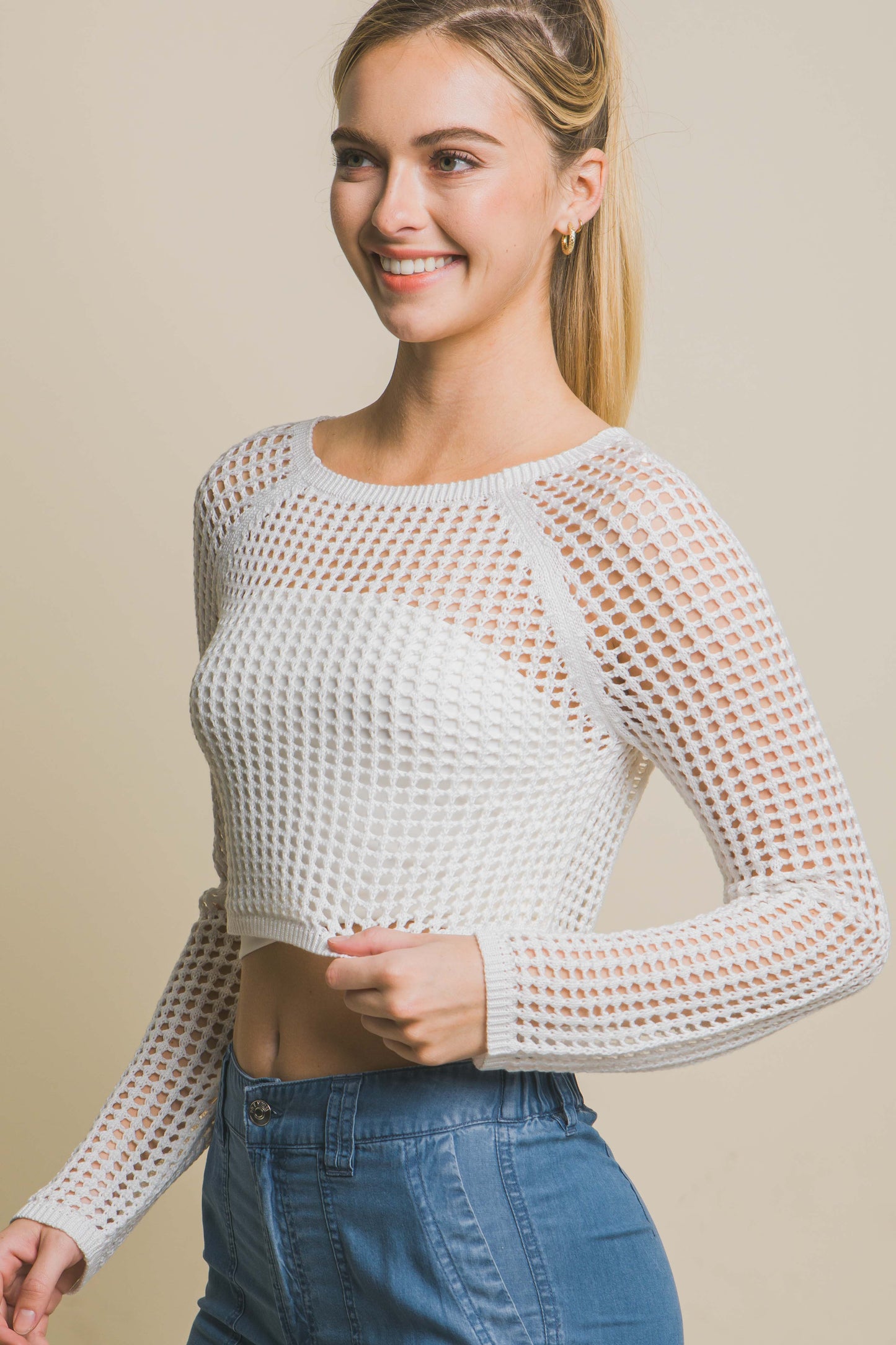 Open Knit Cropped Sweater Top