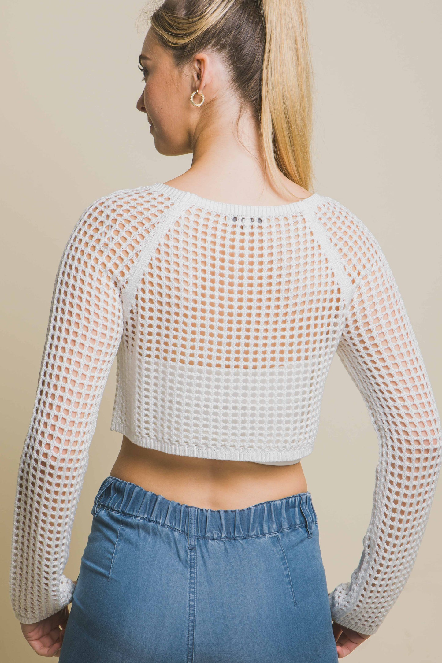 Open Knit Cropped Sweater Top