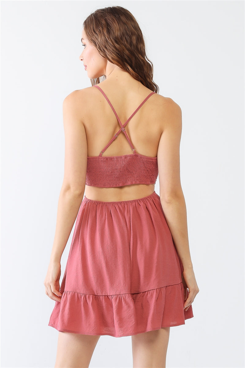 Mauve Ruffle Neck Mini Dress