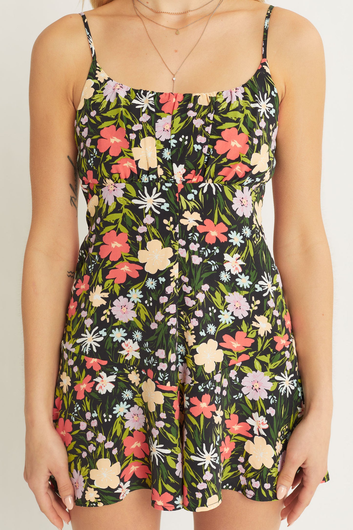 Black Floral Romper.  Front view.